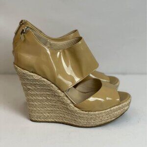 Size 38 (7.5 in US) Jimmy Choo Nude Patent Patriot Espadrille sandal wedge heels